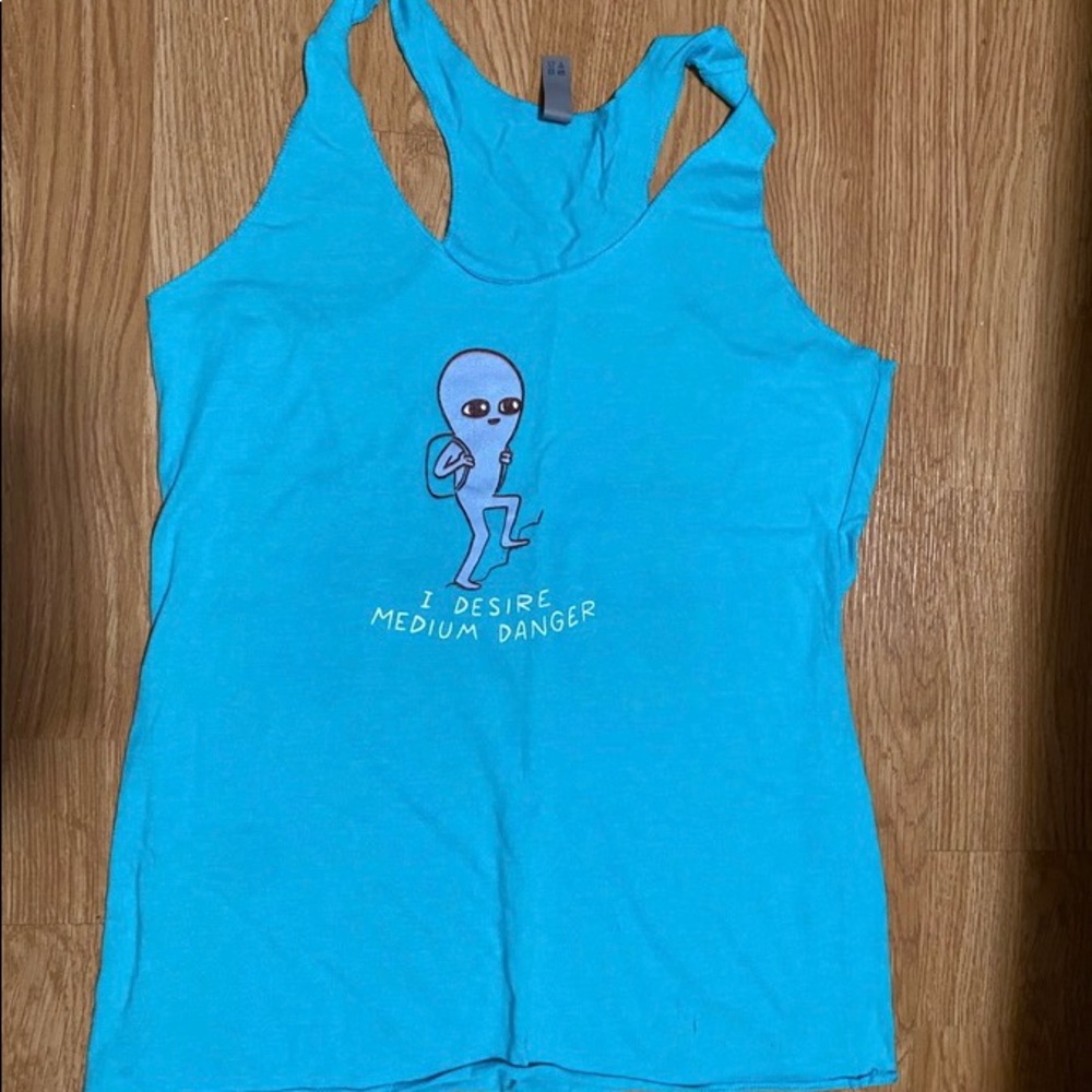 Cute racer back tank top! Blue with hiking alien “I desire medium danger”